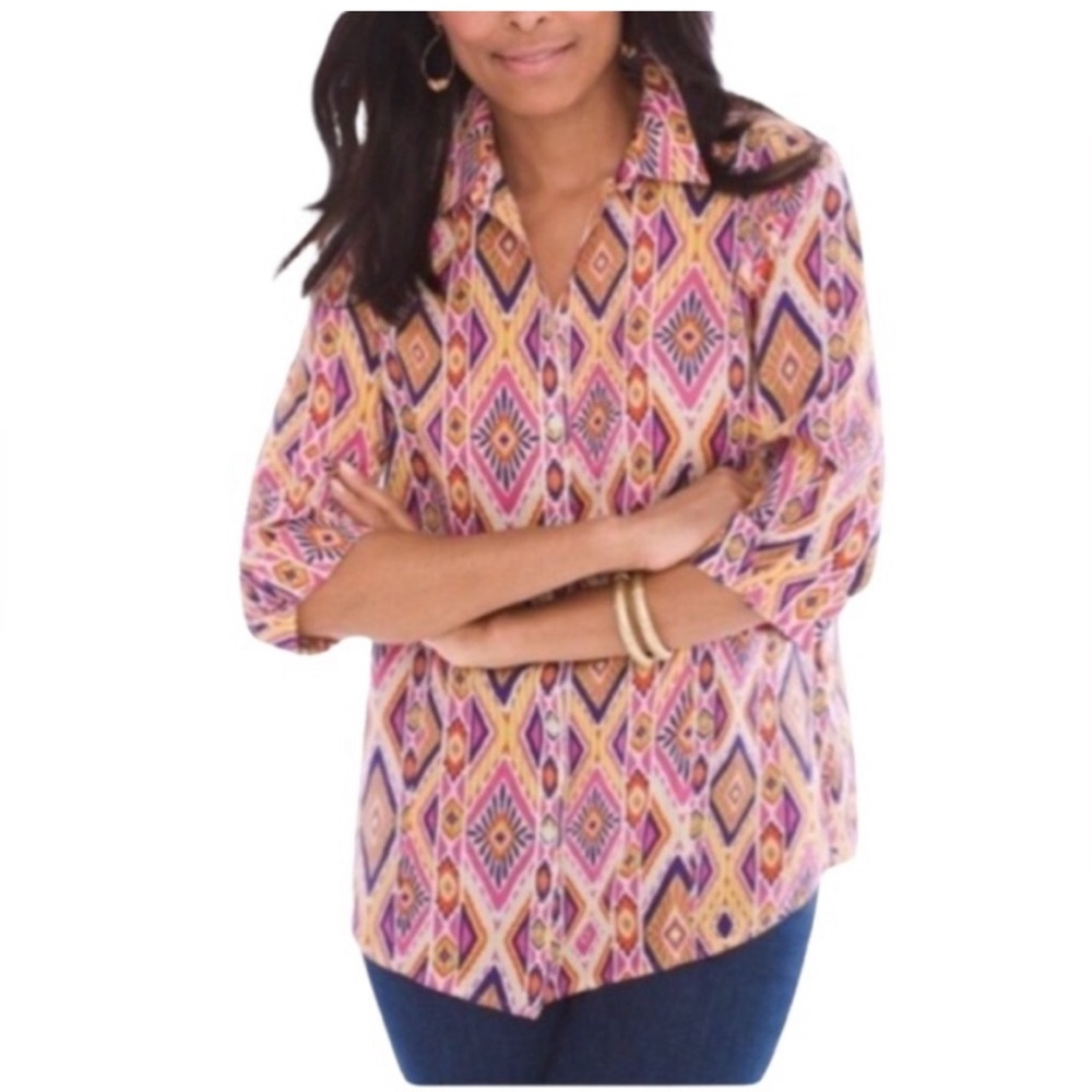 Chico's Geometric Ikat Diamond Print Button Down Shirt Pink Orange Size 2 L